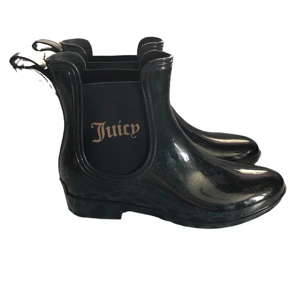 Juicy Jouture Black With Gold Glitter Rain Boots Rubber boot Ankle Boots  Size 8M
